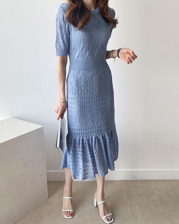 【dress】知的で品の良い?ラウンドネック無地透かし彫りニットワンピースインナー付きF0045