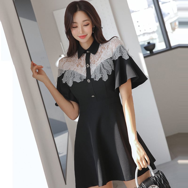 【dress】レース切り替え透かし彫りワンピース G21483