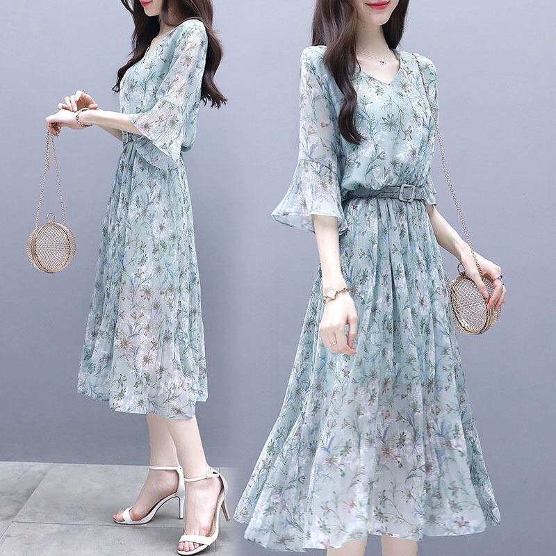 【dress】女性力を高める〜Vネックフレアスリーブ韓国ファッション花柄ワンピースF0295