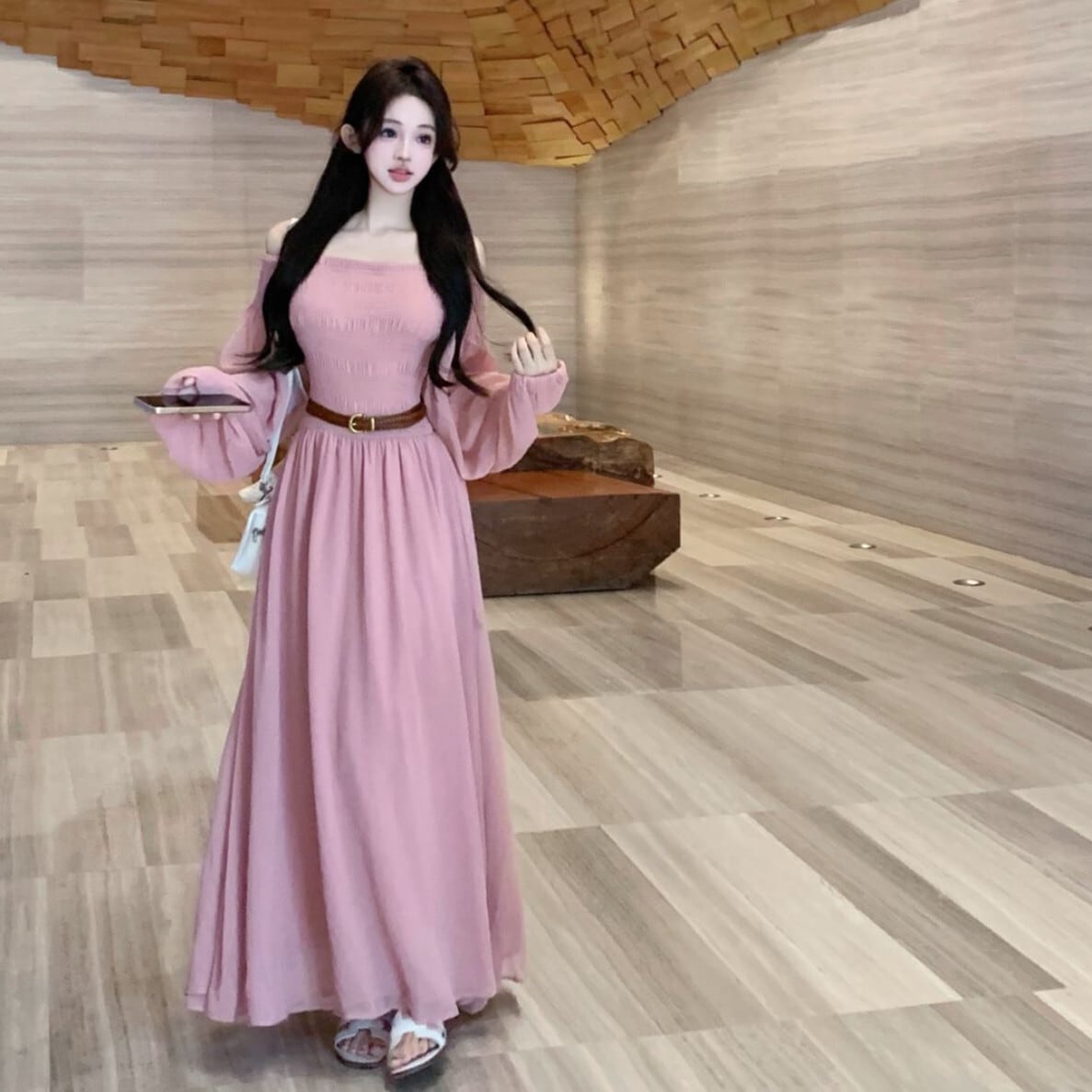 【dress】ボートネックワンピースベルト付き　M24667