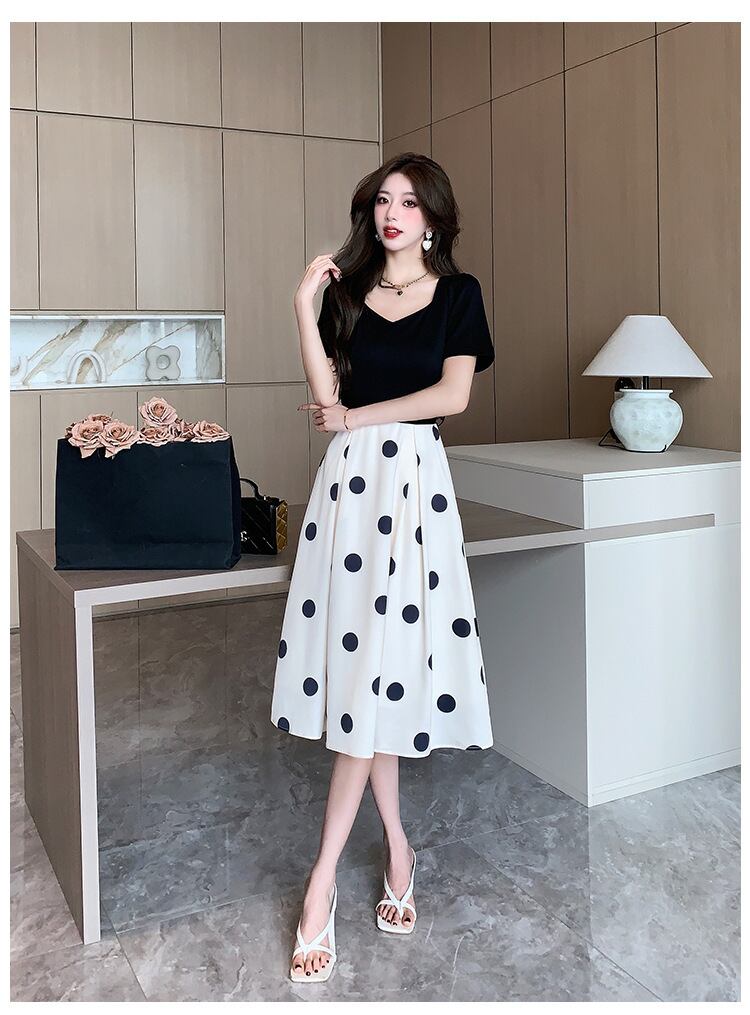 【dress】大人可愛い夏Vネック切り替えドット柄ワンピースF5794