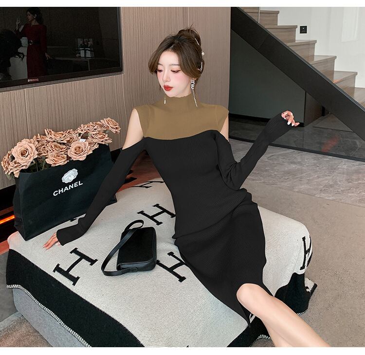 【dress】配色ドッキングオフショルダーニットワンピース　M18121