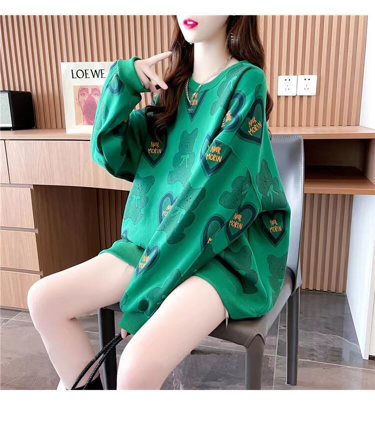 【tops】おすすめ3色裏起毛ラウンドネック長袖秋冬新作動物柄ハート柄配色厚手着回しパーカーF1333