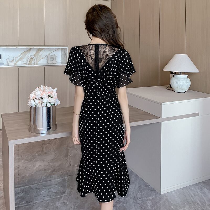 【dress】フランス風体型カバードット柄スリットワンピース G15210