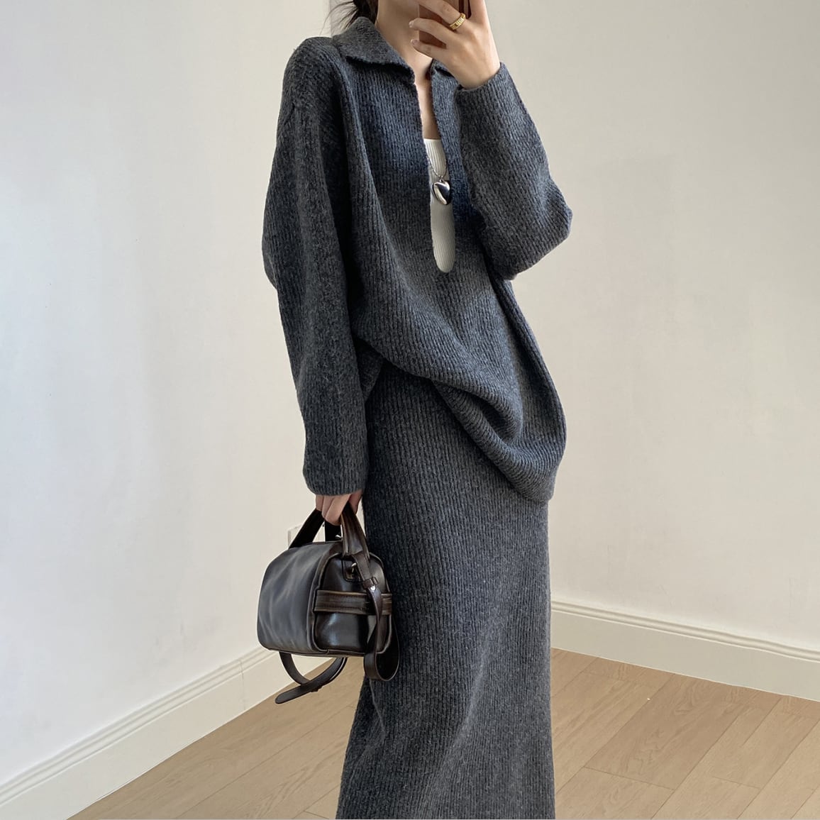 【set】Vネックニットトップス×ロングスカートセット　N3441