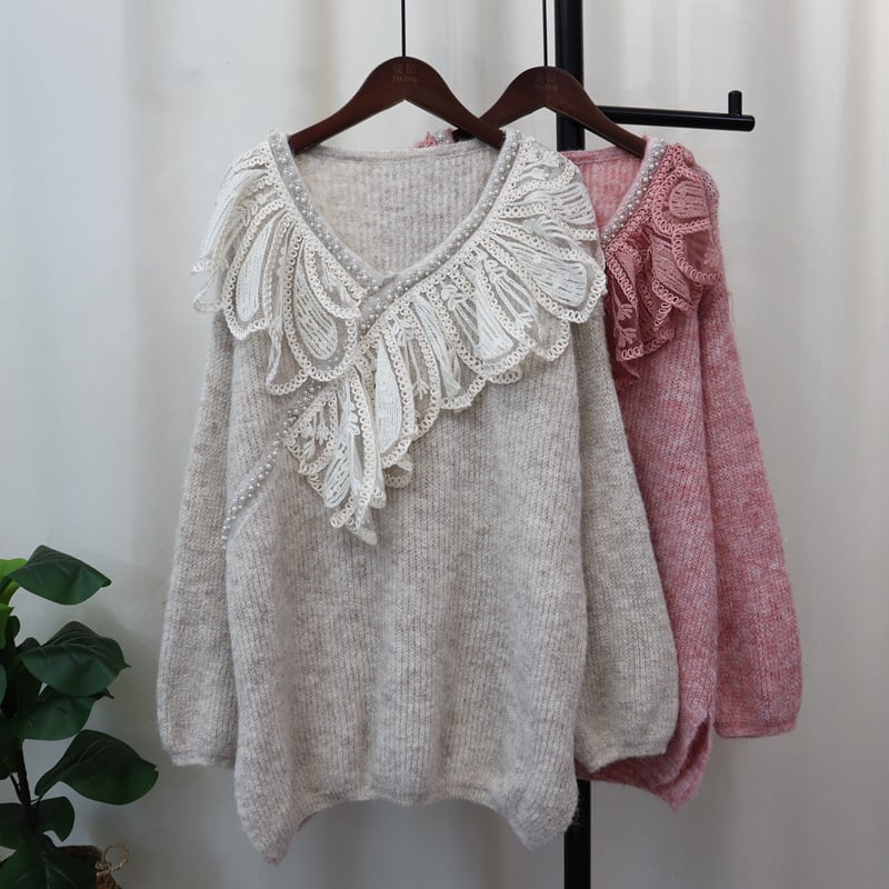 【tops】レース切り替えニットセーター　M26086