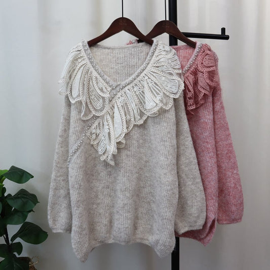 【tops】レース切り替えニットセーター　M26086