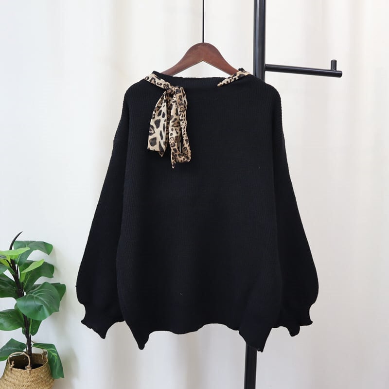 【tops】ヒョウ柄ボウタイニットトップス　M26760