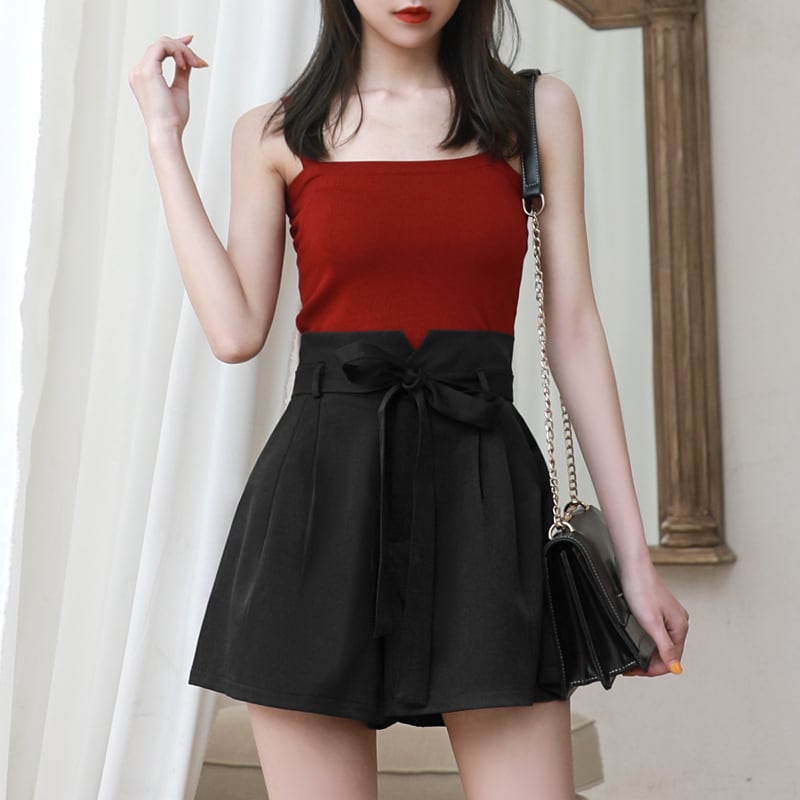 【bottoms】ファッション無地合わせやすいウエストリボンショートパンツ