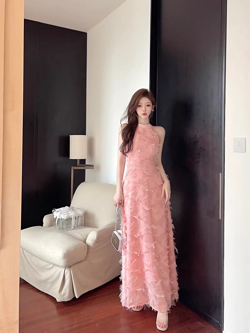 【dress】ホルターネックマキシ丈ワンピースF7478