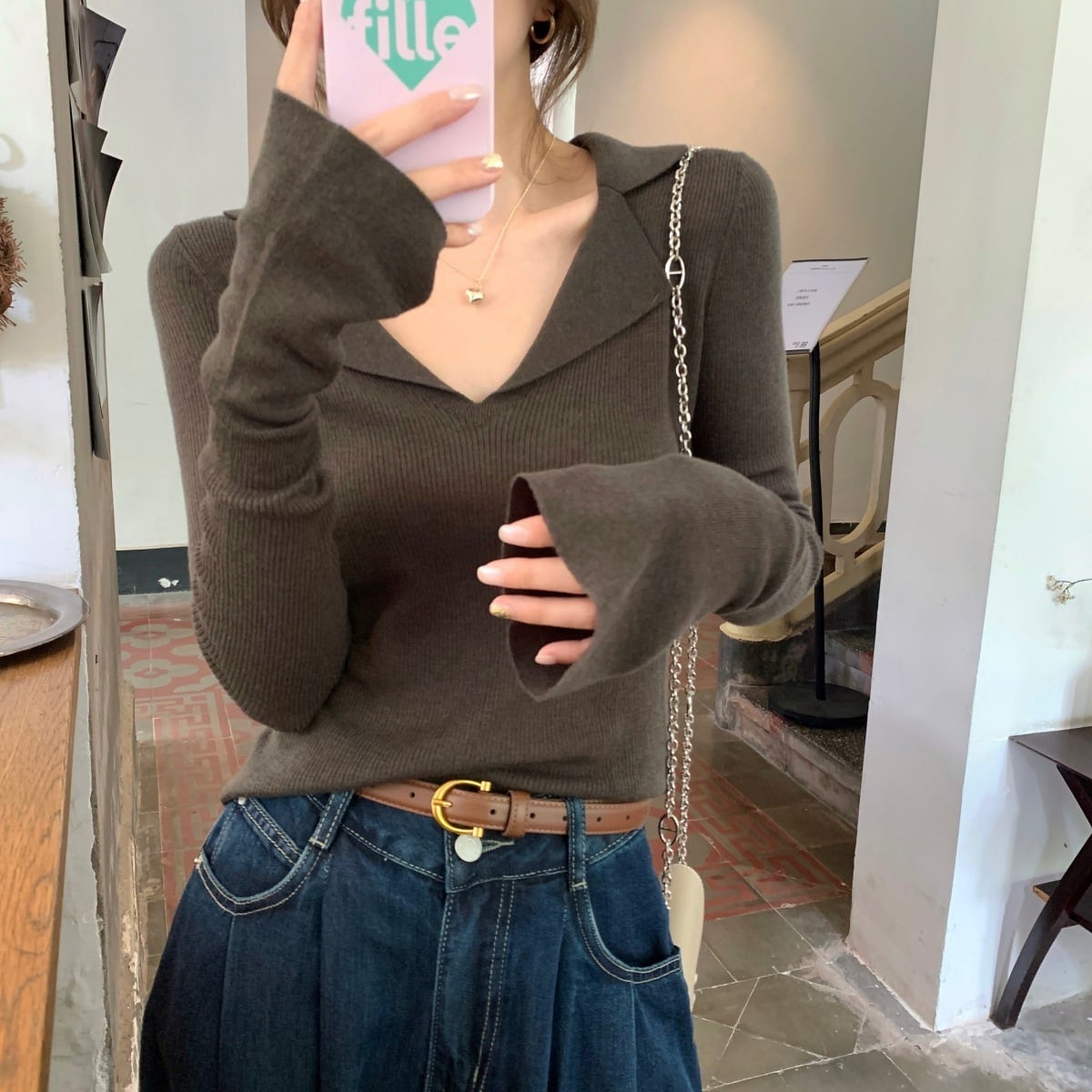 【tops】POLOネックニットトップス　M18950