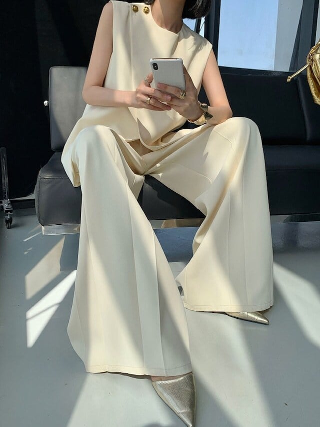 【set】ラウンドネックタンクトップ+ガウチョパンツセットアップF7318