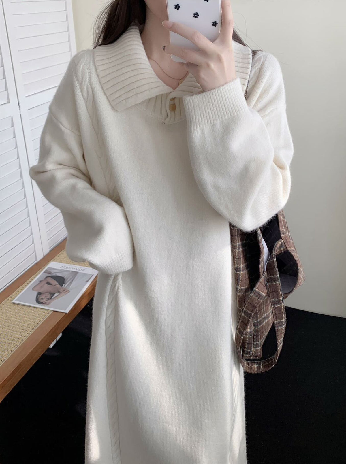 【dress】折り襟ロングニットワンピース Q7771