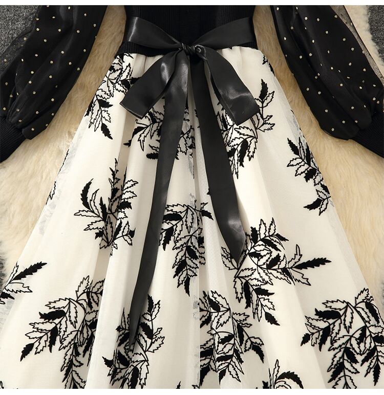 【dress】上品な質感!気質満点レトロシンプルフランス風秋冬偽二つ切り替えワンピース G3178