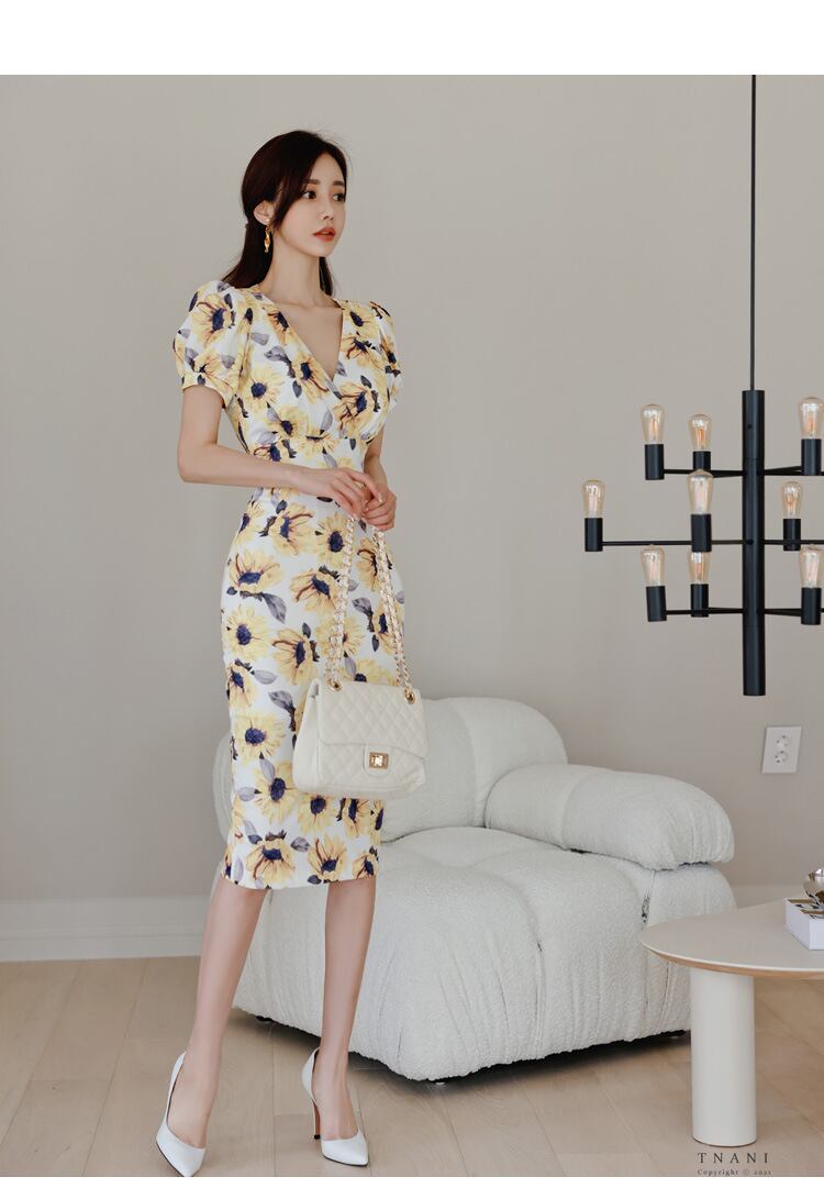 【dress】Vネック花柄パフスリーブワンピース G21005