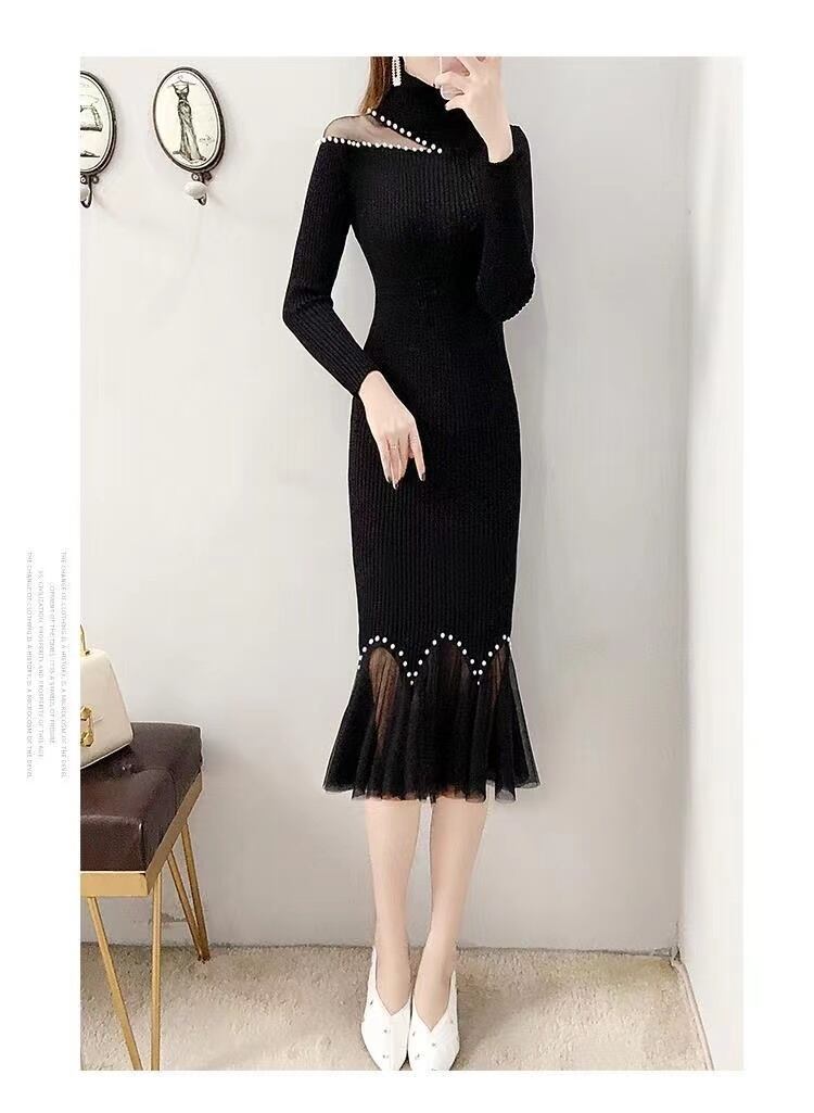 【dress】細身効果抜群♪レース切り替え体型カバーファッション無地人気ニットマーメイドワンピースF1436