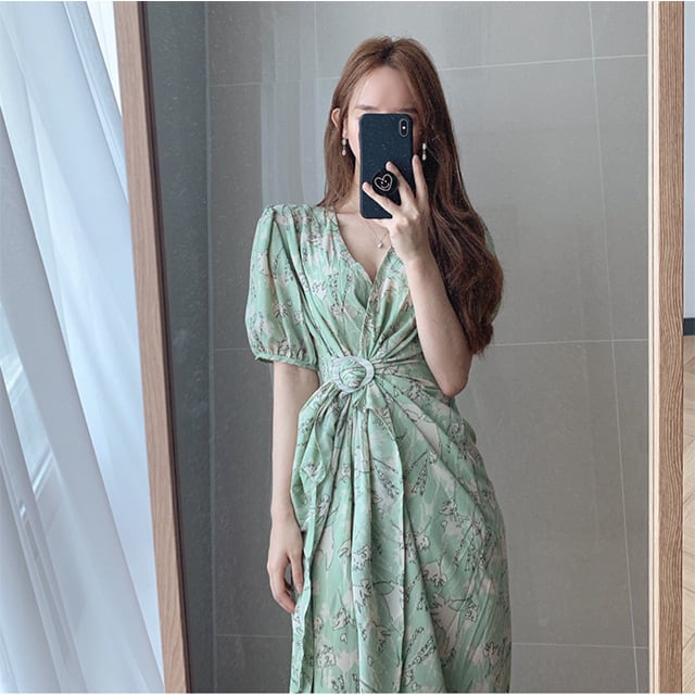【dress】Vネックプリントワンピース　M24751
