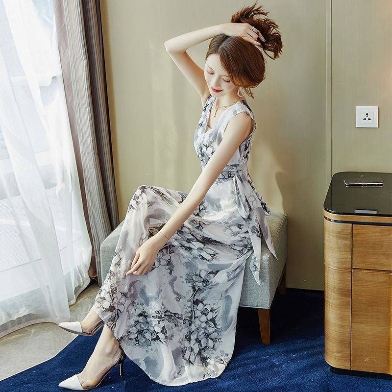 【dress】エレガント美人度アップ!気質満点Vネックシフォン着痩せワンピース G0177