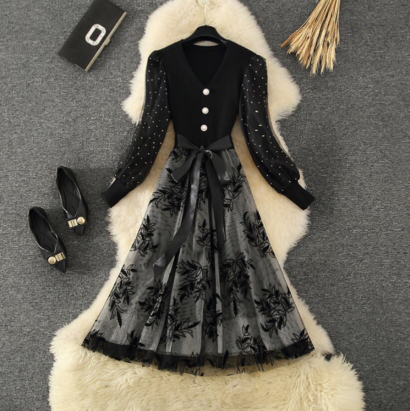 【dress】上品な質感!気質満点レトロシンプルフランス風秋冬偽二つ切り替えワンピース G3178