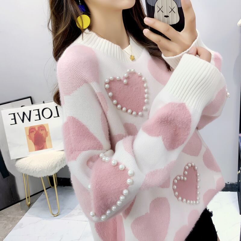 【tops】必ず目を引く2色ラウンドネック長袖ハート柄配色ゆったりビーズ飾りニットセーターF0682