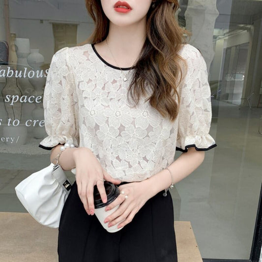 【tops】美人度アップラウンドネック半袖レース配色着回しファッションブラウス