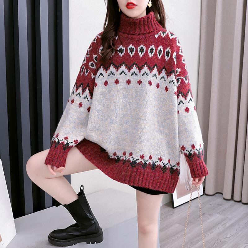 【tops】ハイネック長袖クリスマス着回しニットセーターF1061