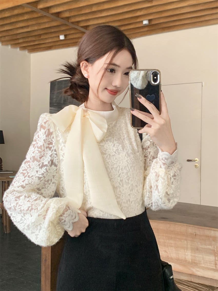 【tops】リボン付き裹起毛レーストップス　M28380