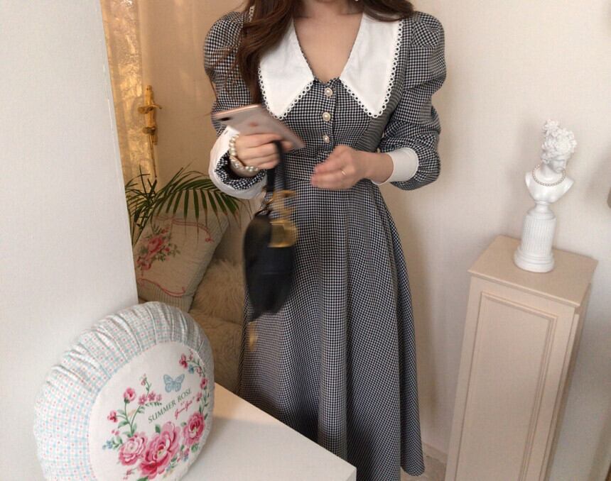 【dress】秋高級感 気質満点ドールカラーフランス風チェック柄ワンピース G1784