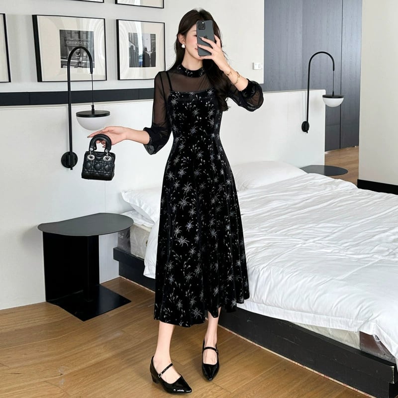 【dress】チュールドッキングベルベットワンピース Q7045
