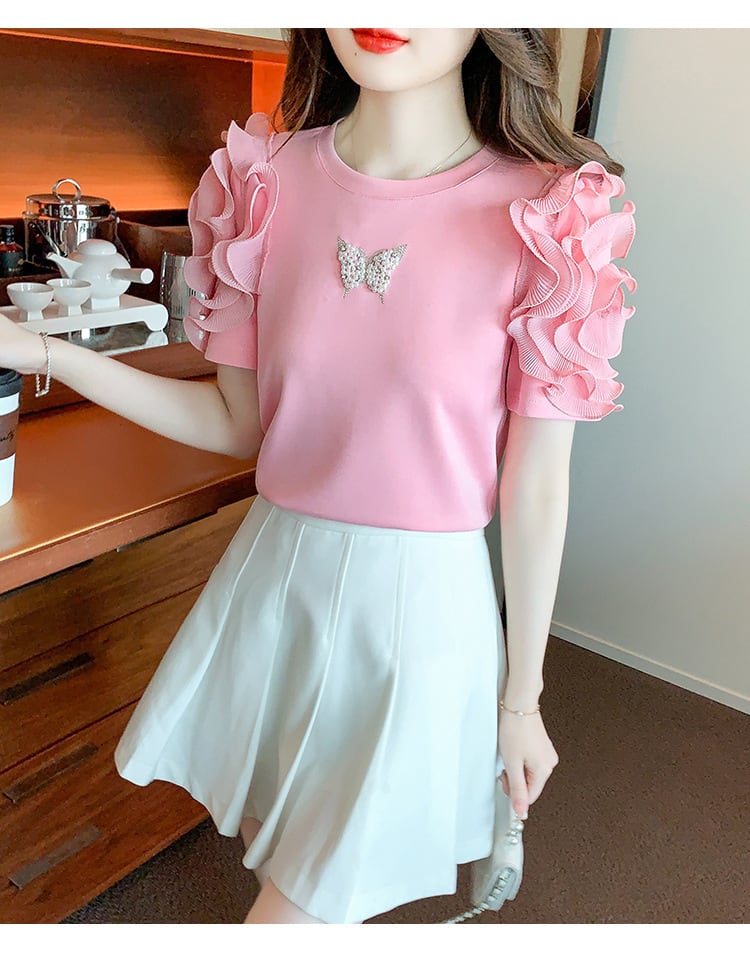 【tops】フリルパフスリーブTシャツG21540