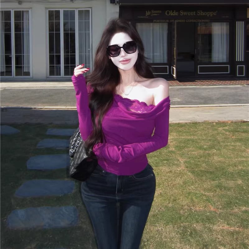 【tops】レースドッキングドレープドネックトップス Q8447