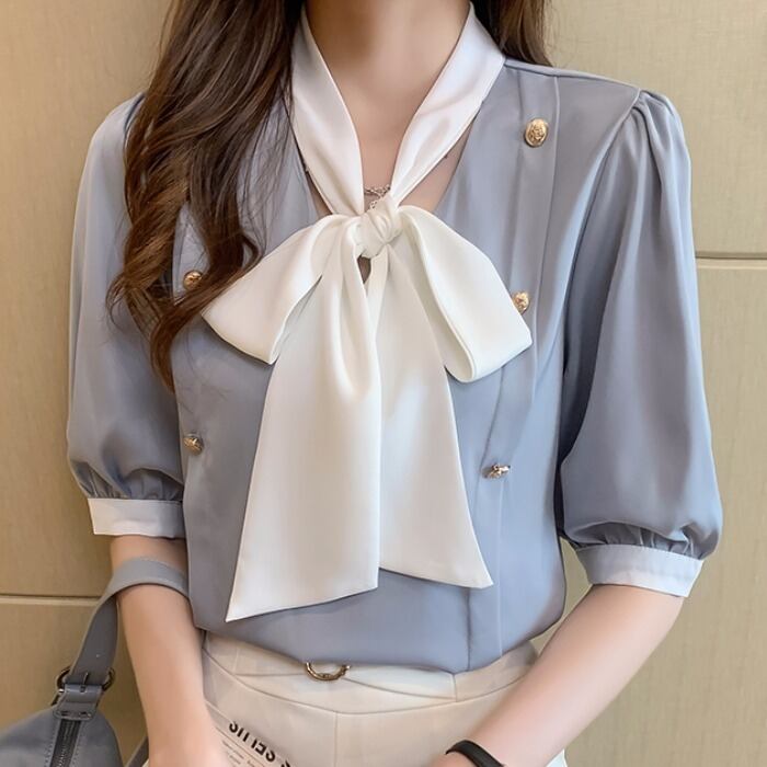 【tops】韓国ファッションタイカラー半袖配色着回しシンプルゆったりブラウスF0131