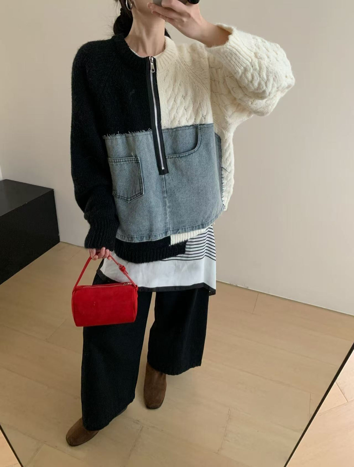 【tops】デニム切り替えニットトップス　N3288