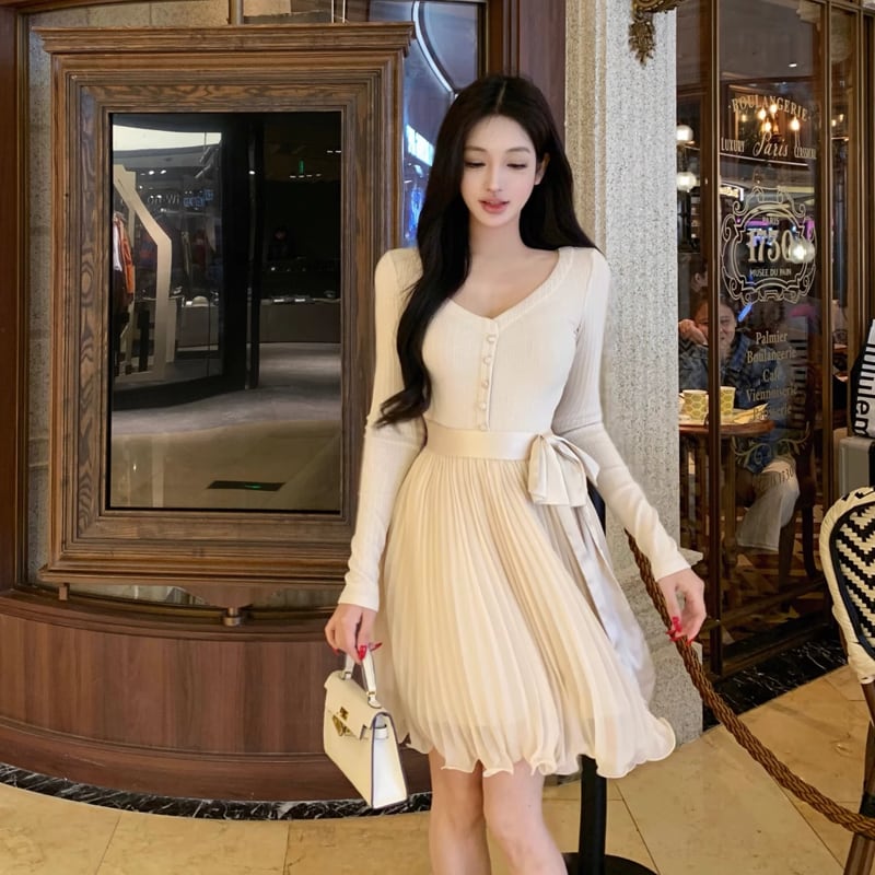 【dress】リボン付きプリーツニットワンピース Q7283