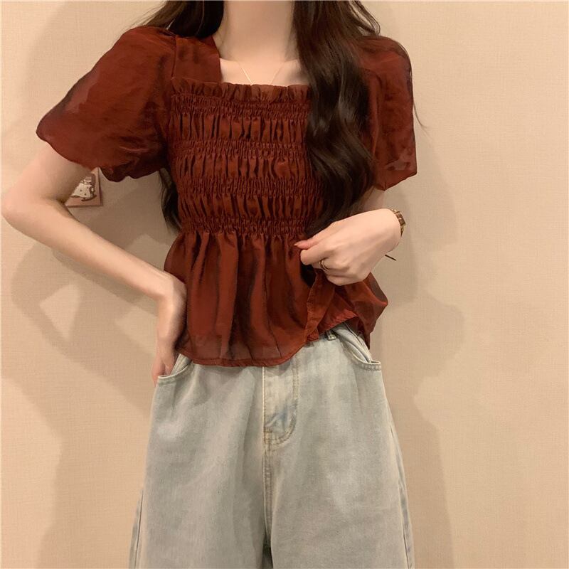 【tops】スクェアネックギャザーブラウスF7543