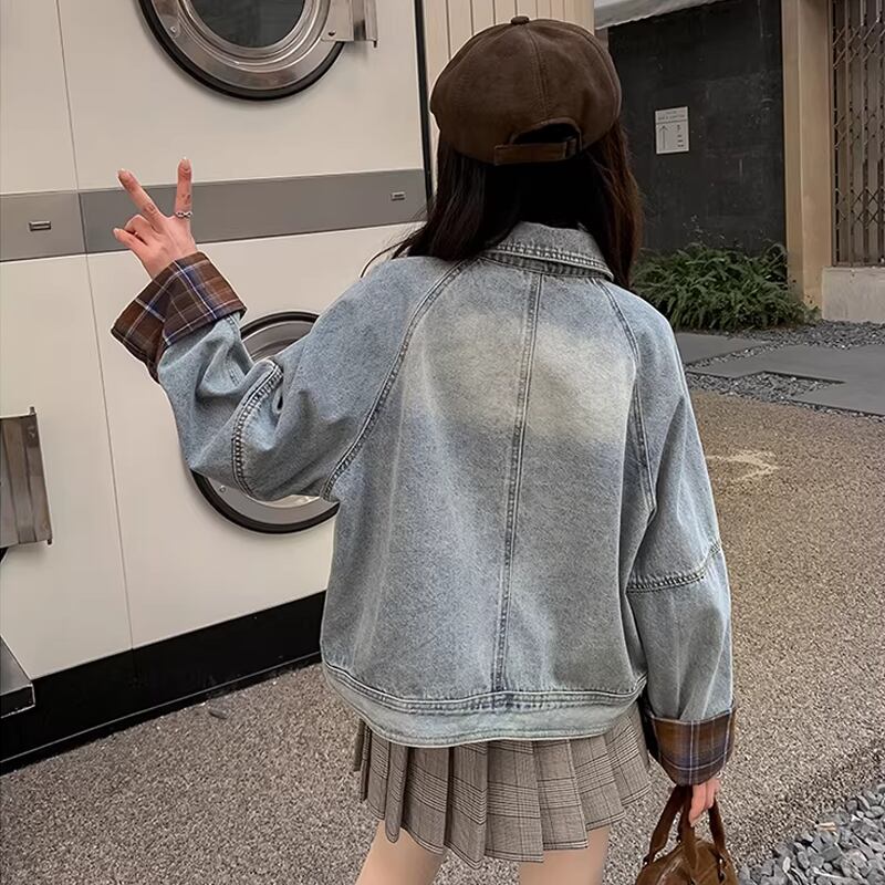 【outer】チェック柄ドッキングデニムジャケット Q8231