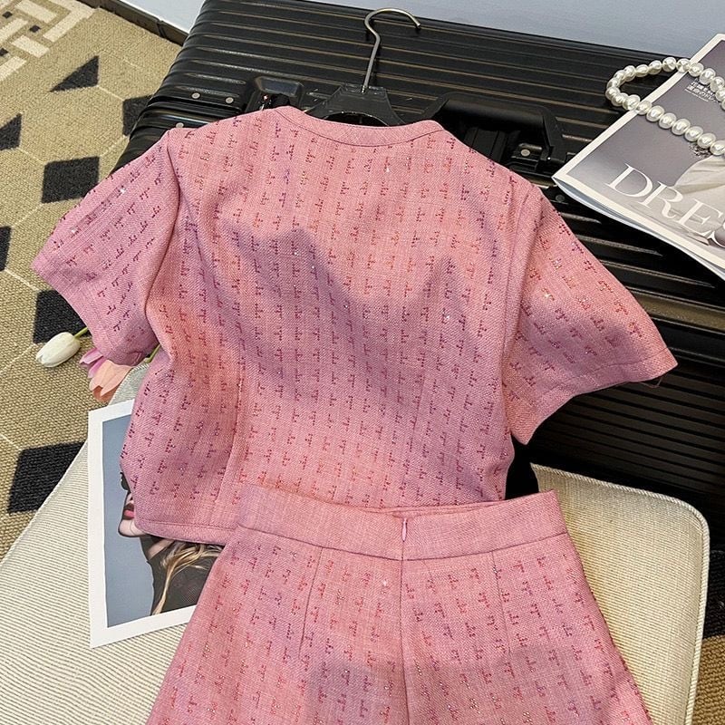 【set】ラウンドネック半袖トップス+配色ショートパンツOL通勤セットアップ F5370