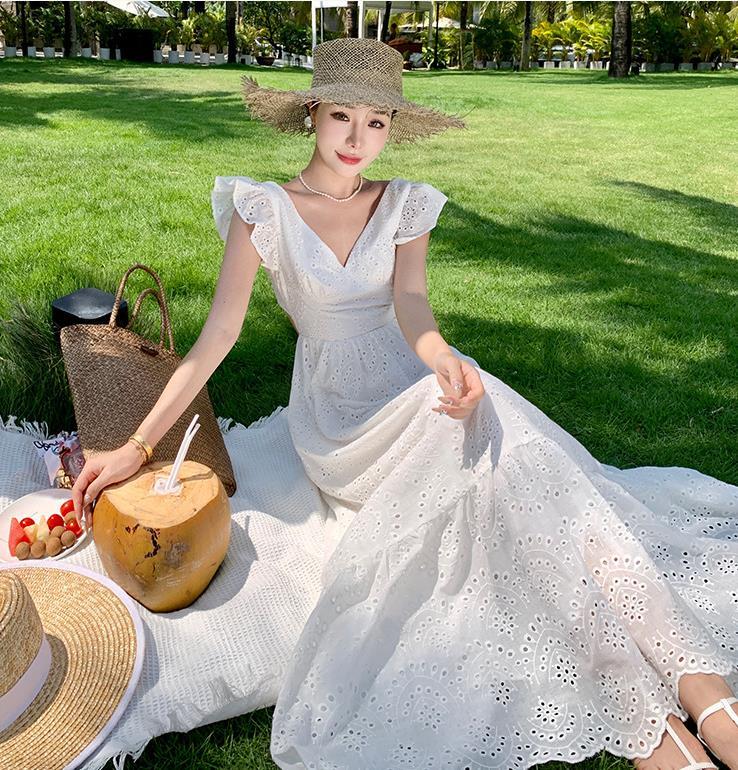 【dress】Vネック透かし彫り海旅行ワンピースF6080