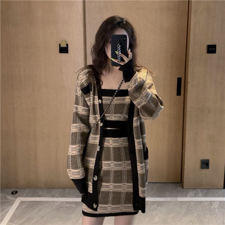 【set】好感度UP!気質満点スウィートカーディガン+キャミソール+スカートオシャレ3点セット G2816