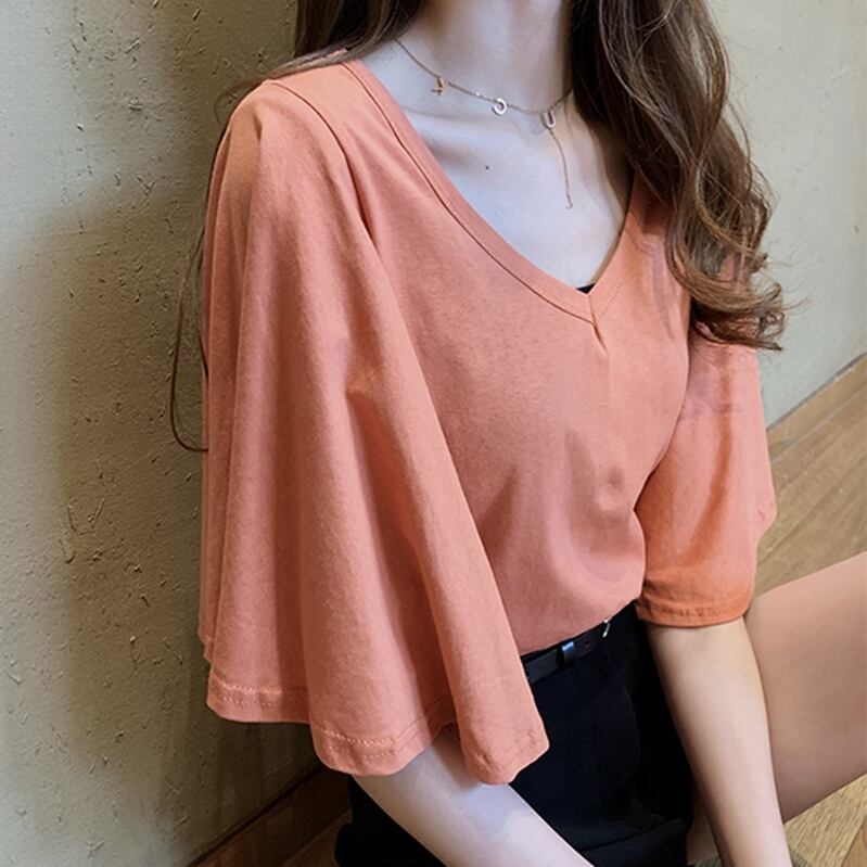 【tops】美人度アップVネック半袖ファッションフレアスリーブ無地着回しTシャツF0001