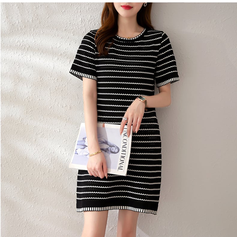 【dress】ストライプ柄ニットAラインワンピース G21126