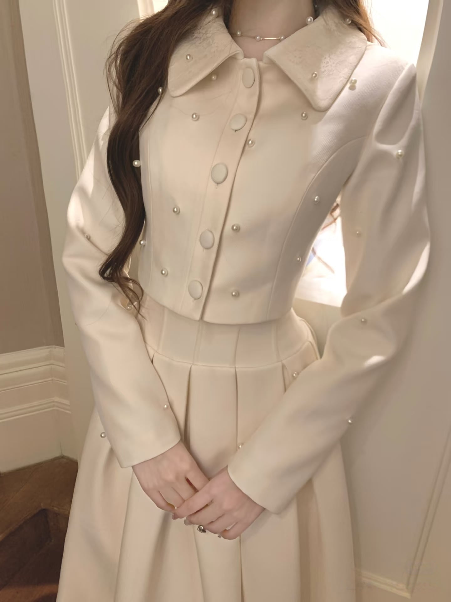 【set】パール付きショートジャケット×ロングスカートセット N3401