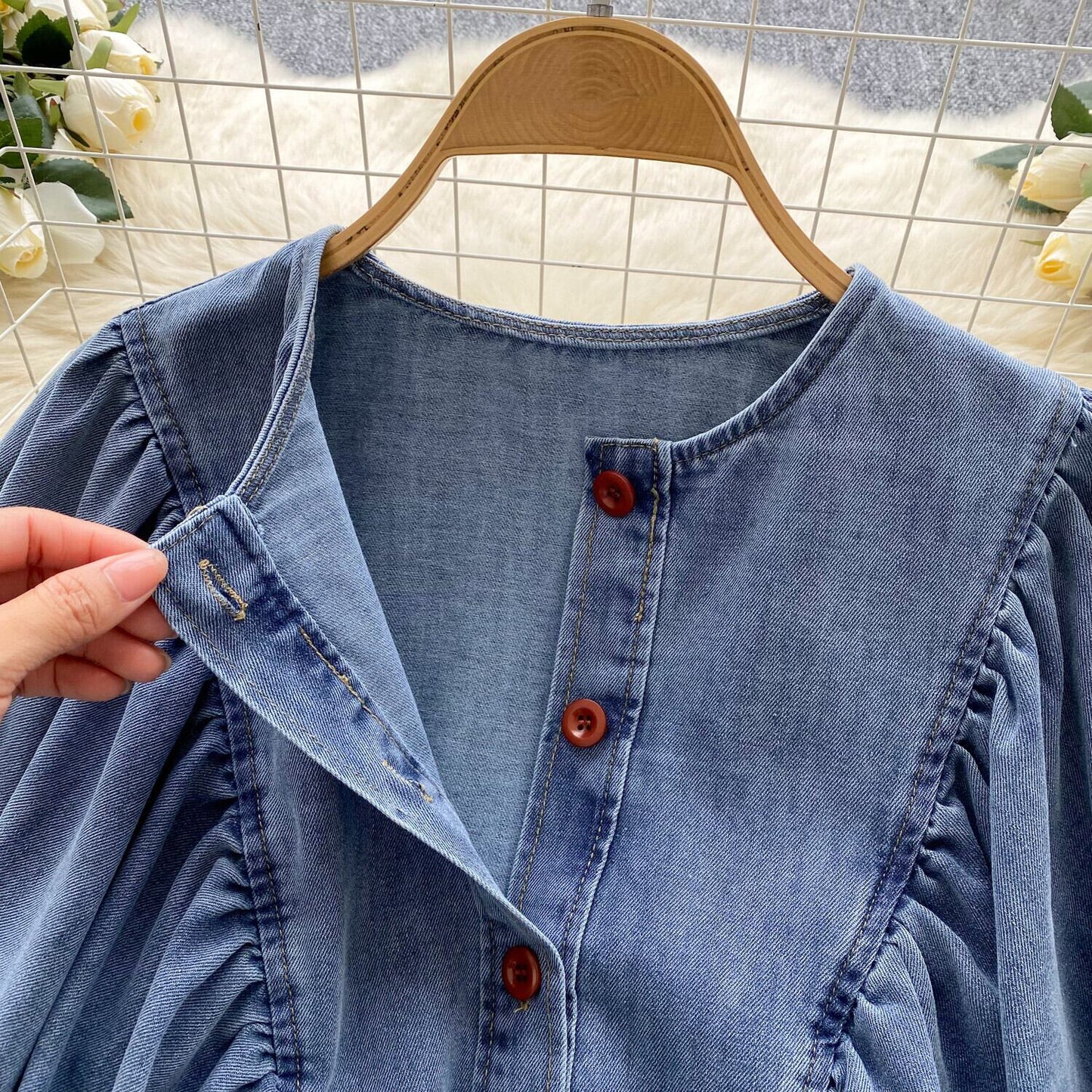 【tops】ランタンスリーブデニムシャツ　M29723