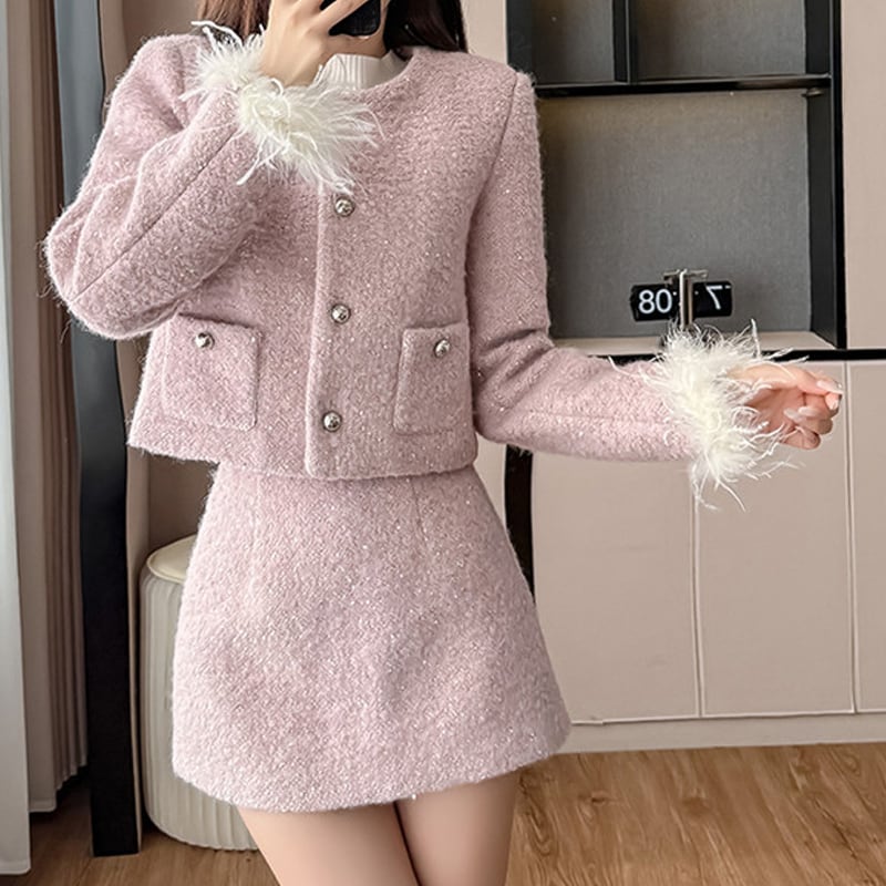 【set】袖ファーコート×ミニスカートセット Q7684