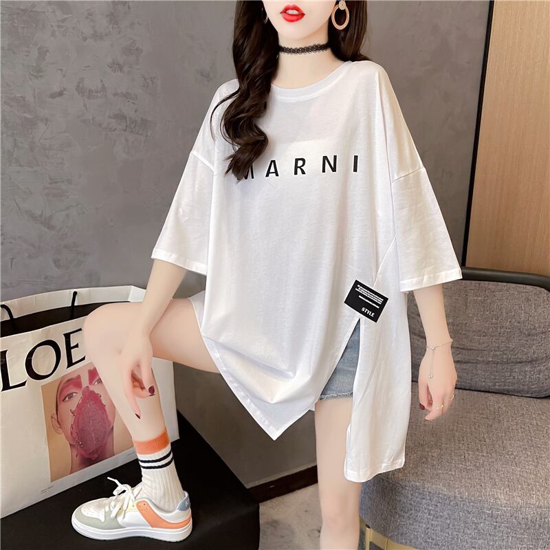 【tops】ラウンドネック半袖大きいサイズゆったりスリットTシャツF0074