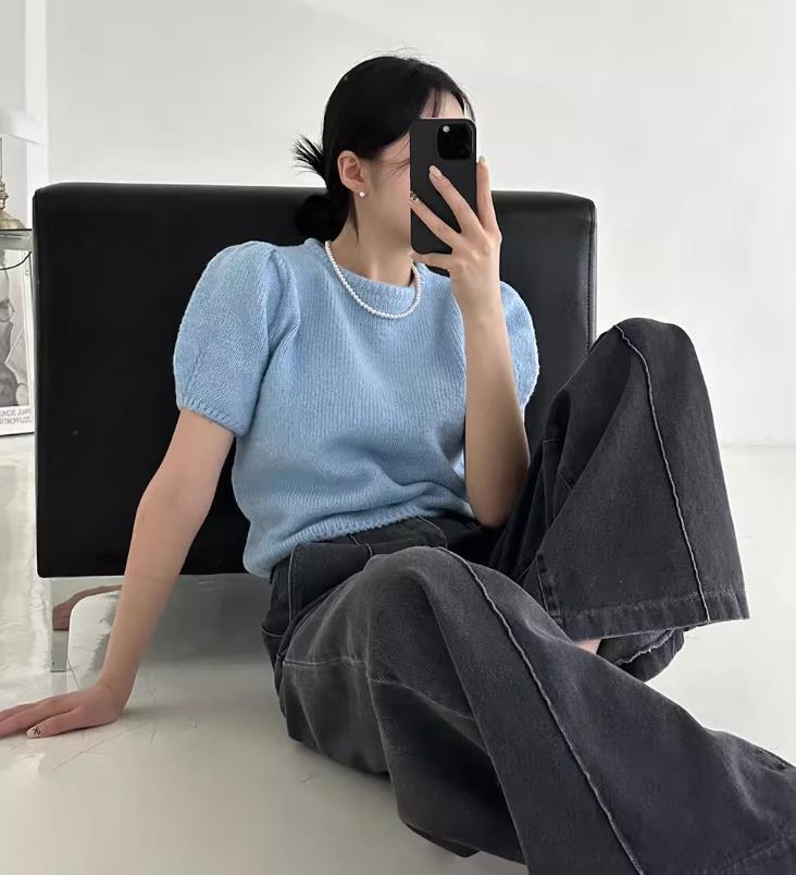 【tops】半袖パフ袖ニットＴシャツF7427