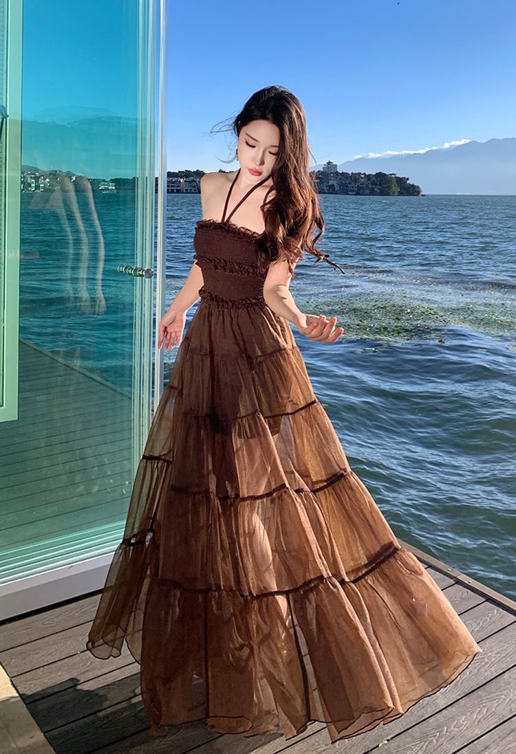 【dress】ホルターネックシアーチュールロングワンピース Q8483