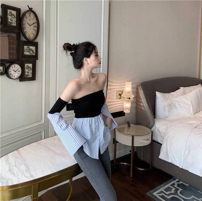 【tops】レトロセクシー気質満点ボートネック切り替え体型カバーストライプ柄シャツ G8793