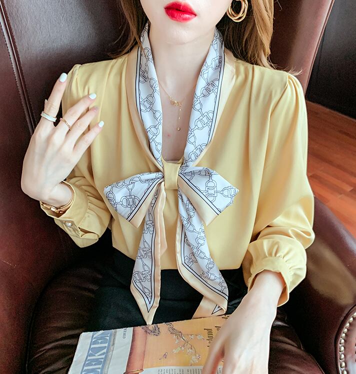 【tops】タイカラー長袖プリント配色ファッションゆったり着回しブラウスF0601