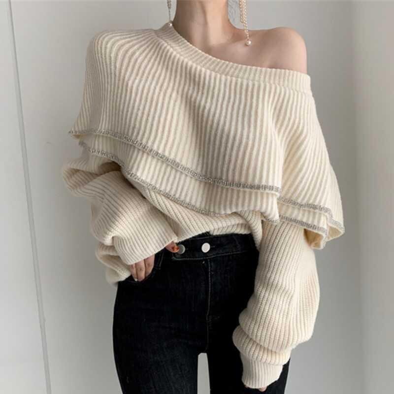 【tops】細身効果抜群♪2タイプラウンドネック長袖フリル配色ファッション着回しニットセーターF0920